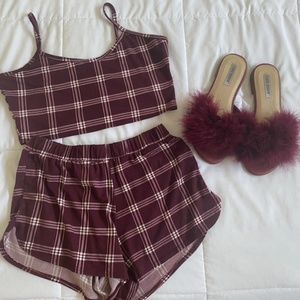 Burgundy Plaid PJ Set with Slippers